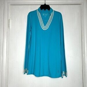 NEW Coolibar Blue Tunic Top White Trim Women's Small
